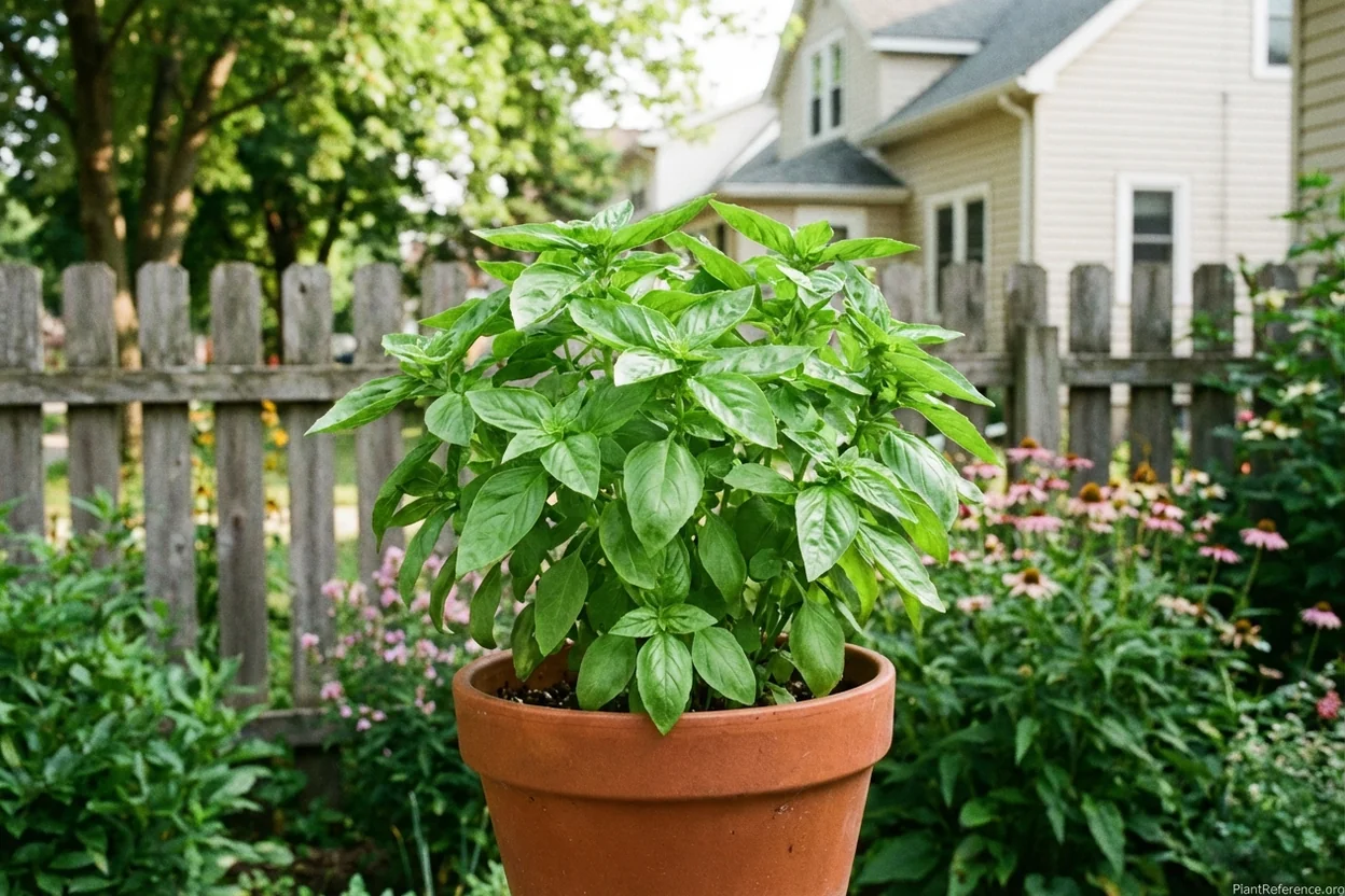 Lemon basil growing in container in Milwaukee Zone 5b garden