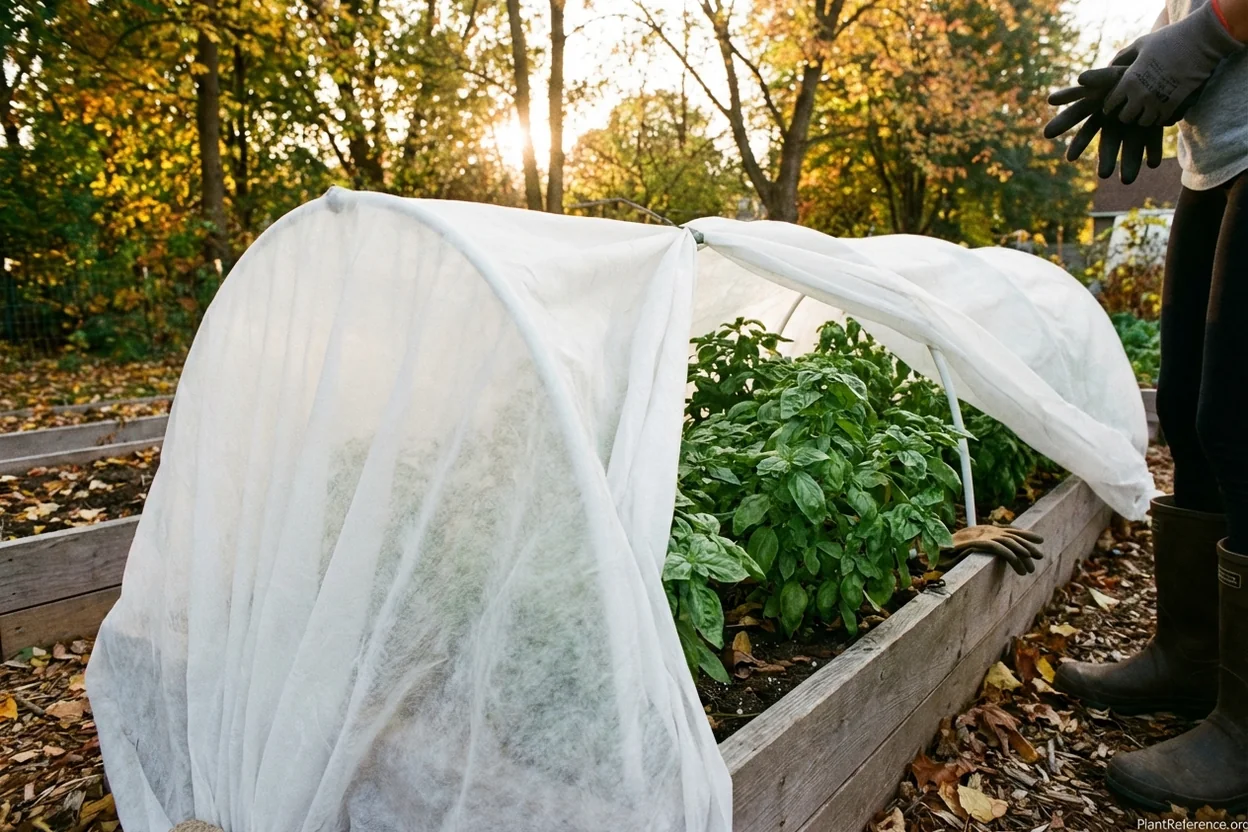 Row cover protecting basil from early frost in Milwaukee Zone 5b garden