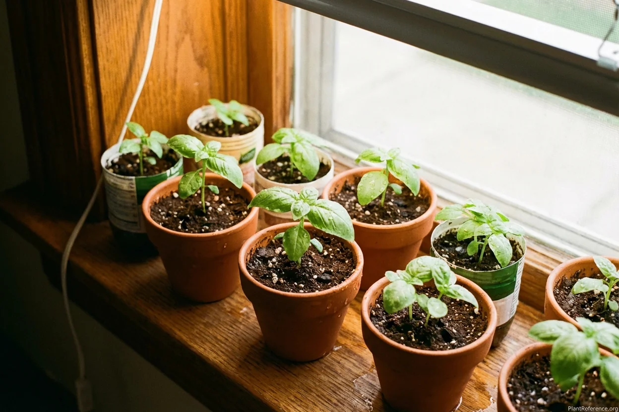 Basil seedlings growing under lights indoors in Milwaukee in April