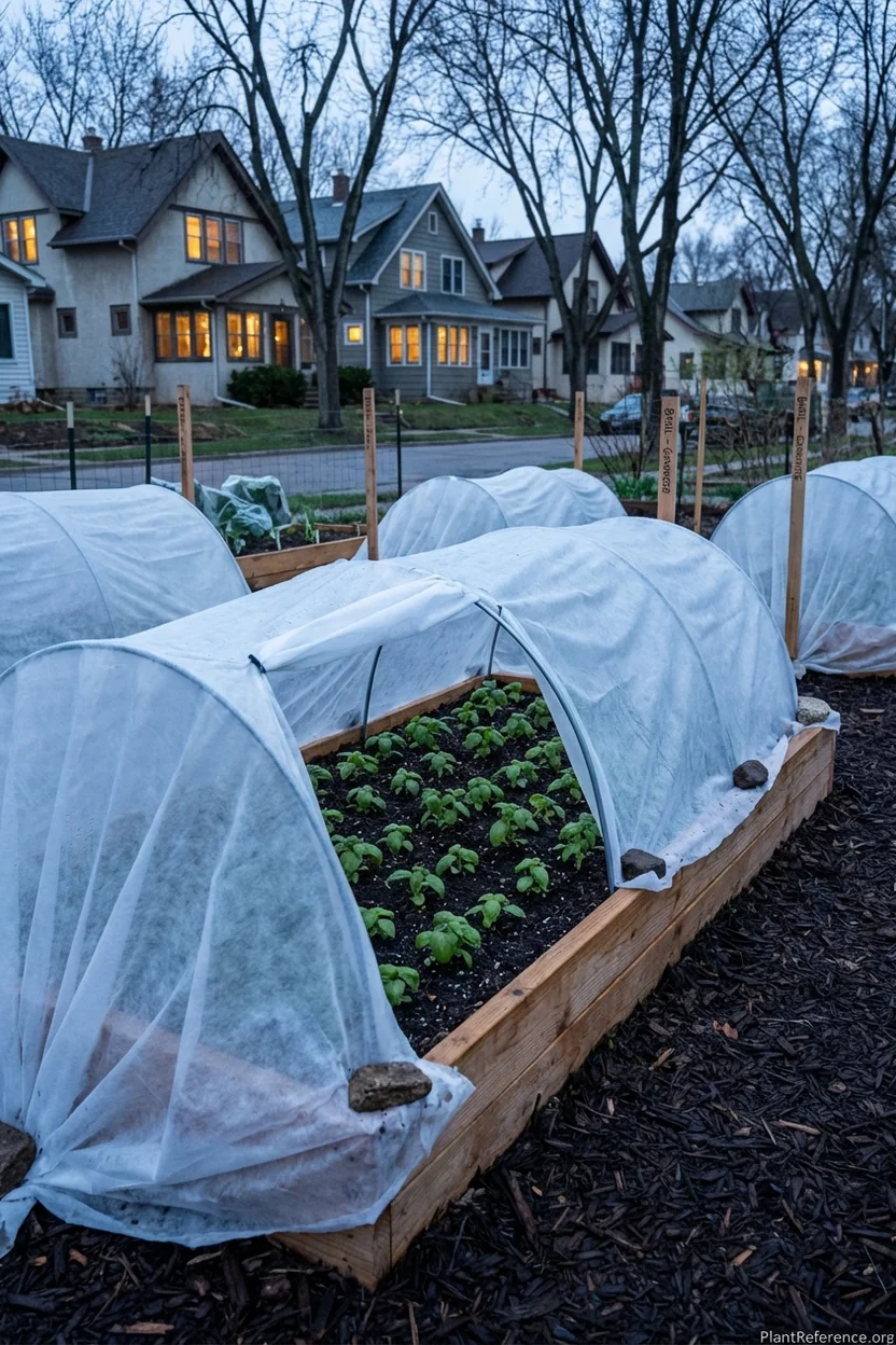 Basil plants protected with row covers during Minneapolis late spring frost
