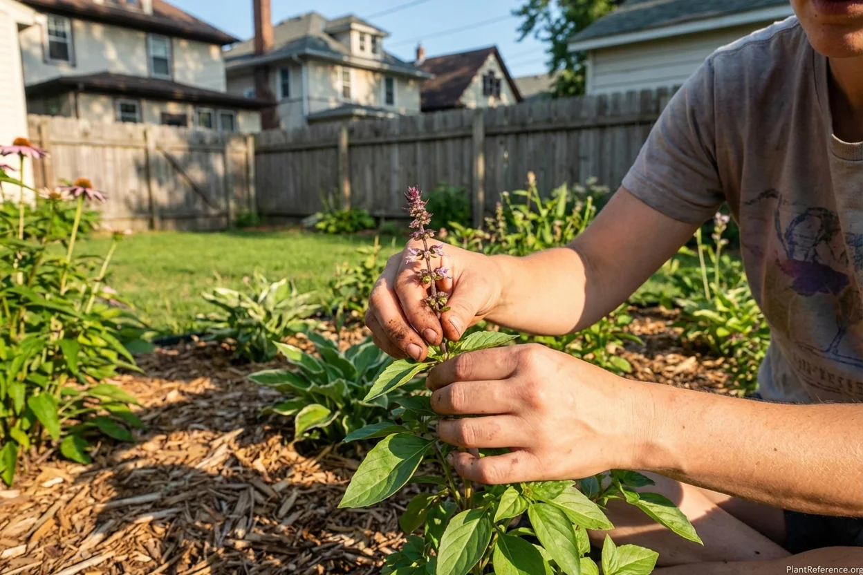 Pinching basil flowers in Minneapolis to maintain leaf production and prevent bolting
