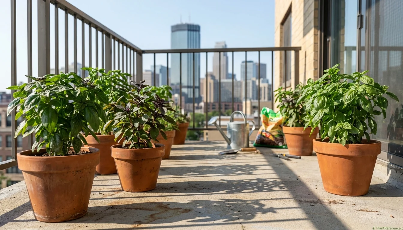 When to plant basil in Minneapolis - healthy basil varieties in containers on urban balcony