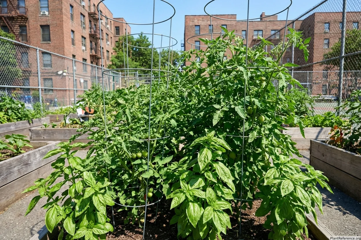 Basil growing as companion plant with tomatoes in New York City community garden