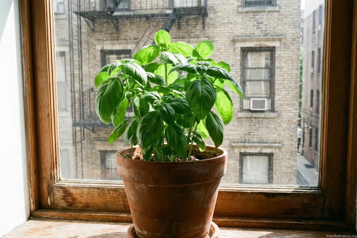 Genovese basil growing in container on New York City windowsill in summer