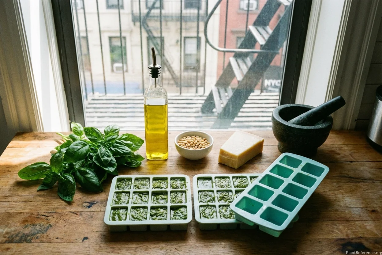 Fresh basil from NYC garden being made into pesto for freezing