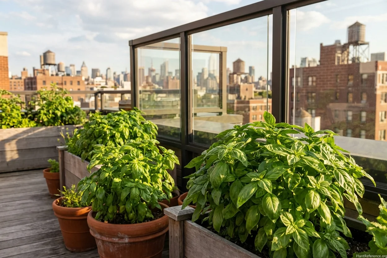 Basil plants in containers on NYC rooftop garden with city skyline
