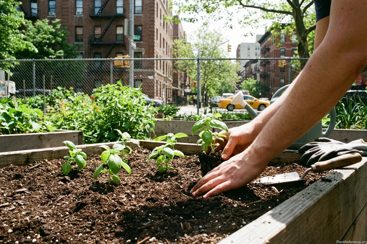 Basil seedlings being transplanted in New York City community garden in May