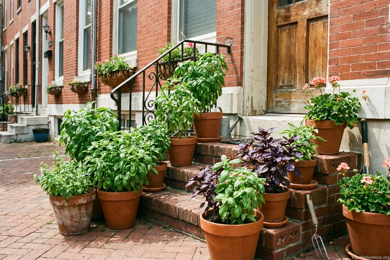 Basil varieties in containers on Philadelphia row house stoop in summer
