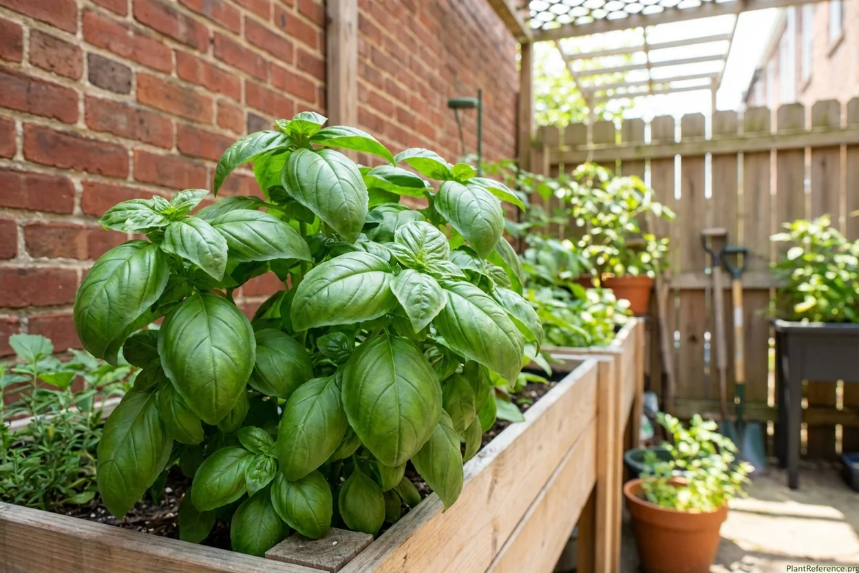 Large-leaf Genovese basil growing in Philadelphia Zone 7a row house garden