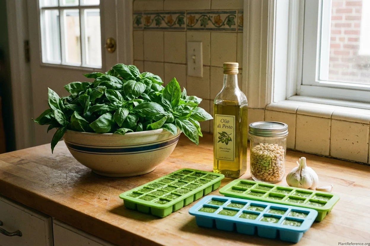 Fresh basil from Philadelphia garden being processed into pesto for freezing