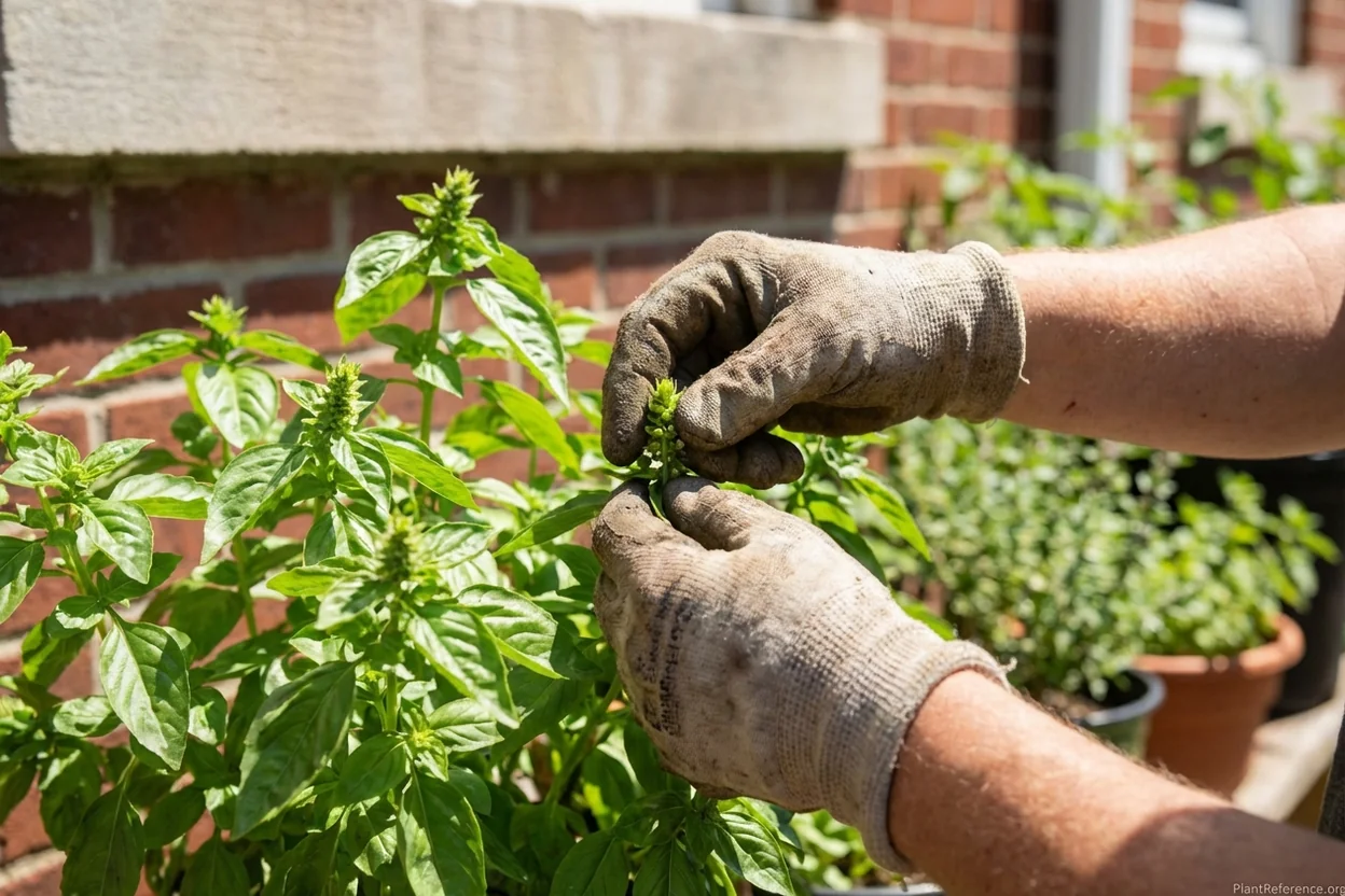 Hands pinching flower buds from basil in Philadelphia Zone 7a garden