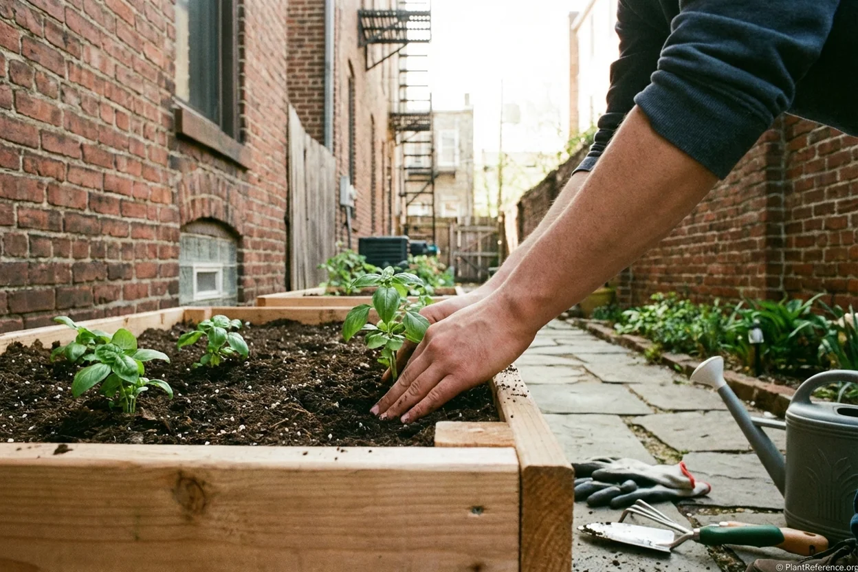 Transplanting basil seedlings in Philadelphia raised bed garden in late April