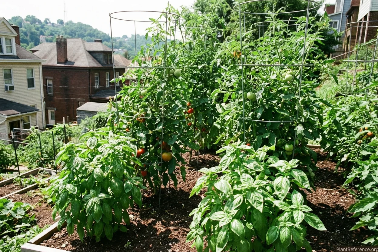 Basil growing with tomatoes in Pittsburgh Zone 6b companion planting