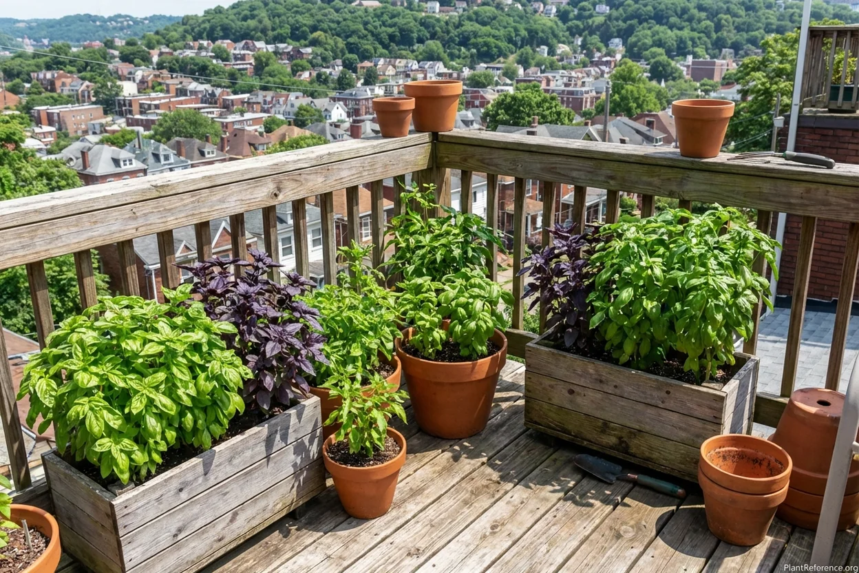 Basil varieties growing in containers on Pittsburgh hillside deck
