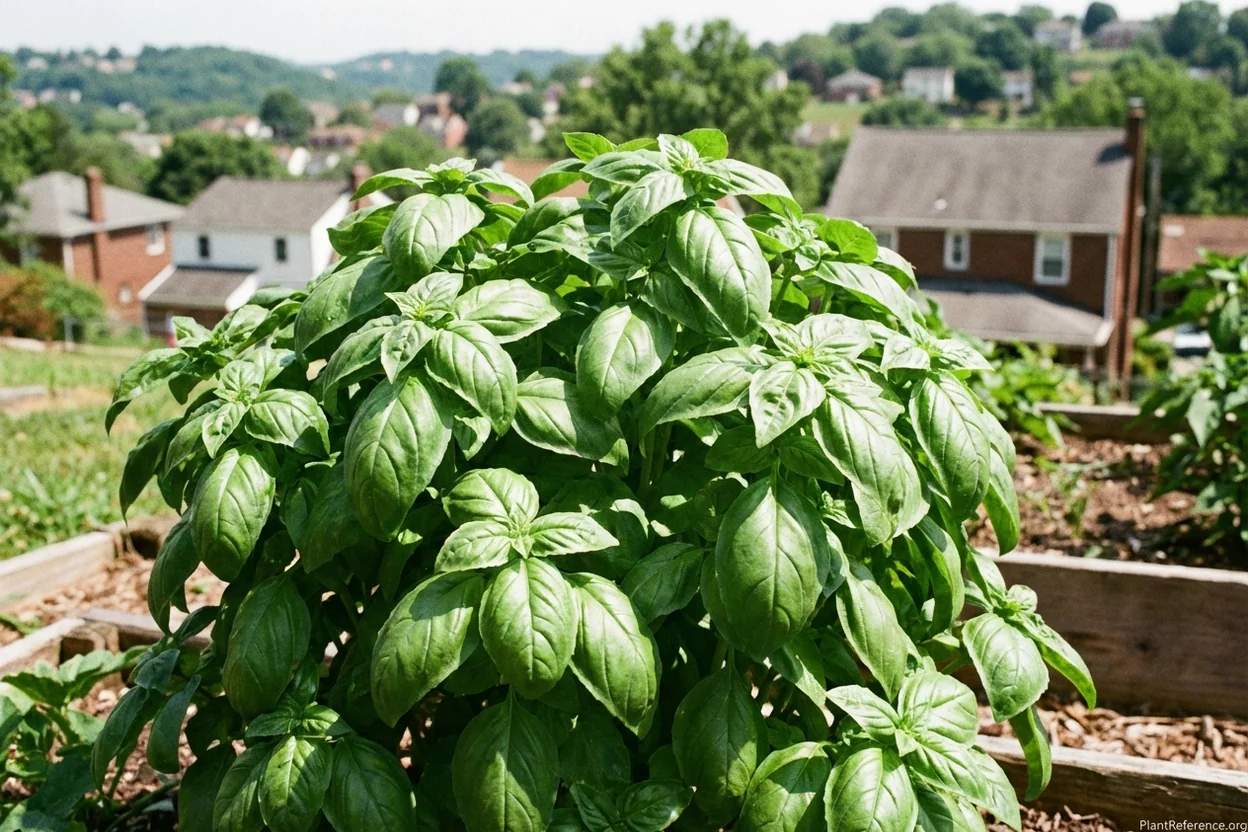Large-leaf Genovese basil growing in Pittsburgh Zone 6b raised bed