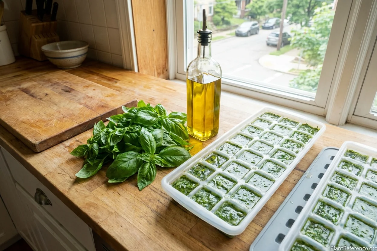 Fresh basil from Pittsburgh garden being prepared for pesto and freezing