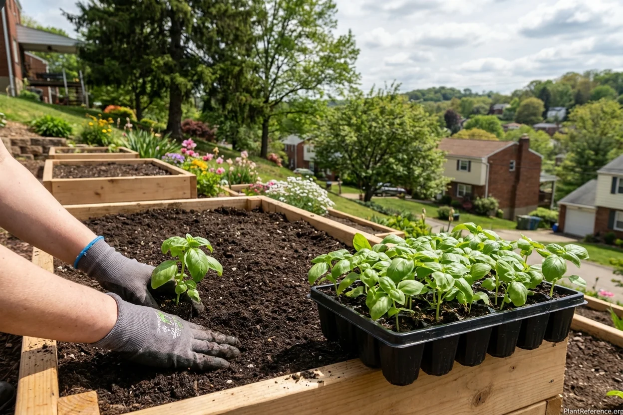 Transplanting basil seedlings in Pittsburgh Zone 6b garden in May