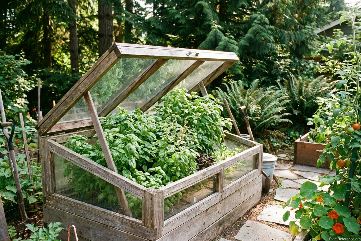 Basil plants growing in cold frame for season extension in Seattle garden