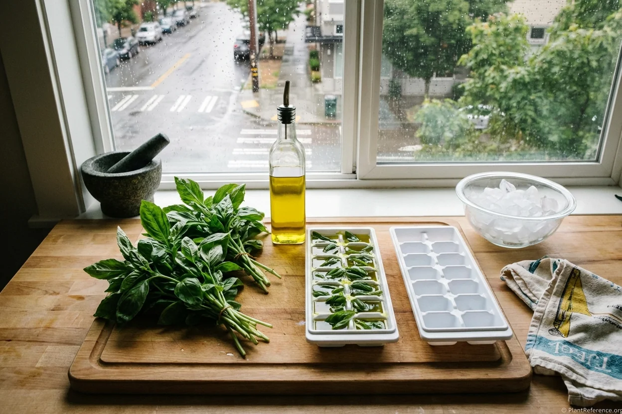 Fresh basil from Seattle garden being preserved as frozen pesto cubes