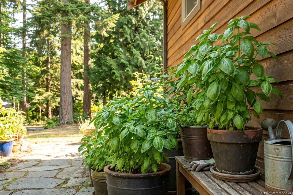 Basil growing in dark container against warm south-facing wall in Seattle