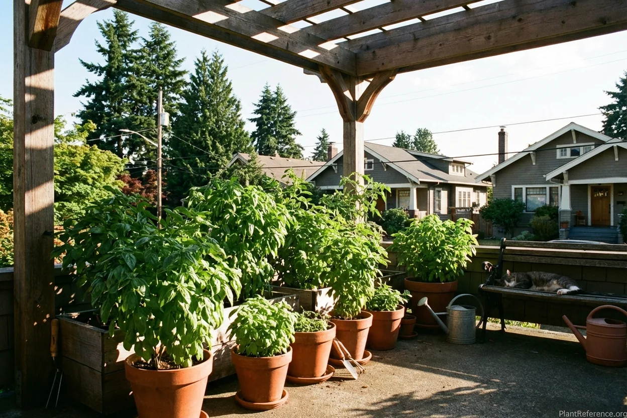 Basil growing in containers on warm sunny Seattle patio in summer