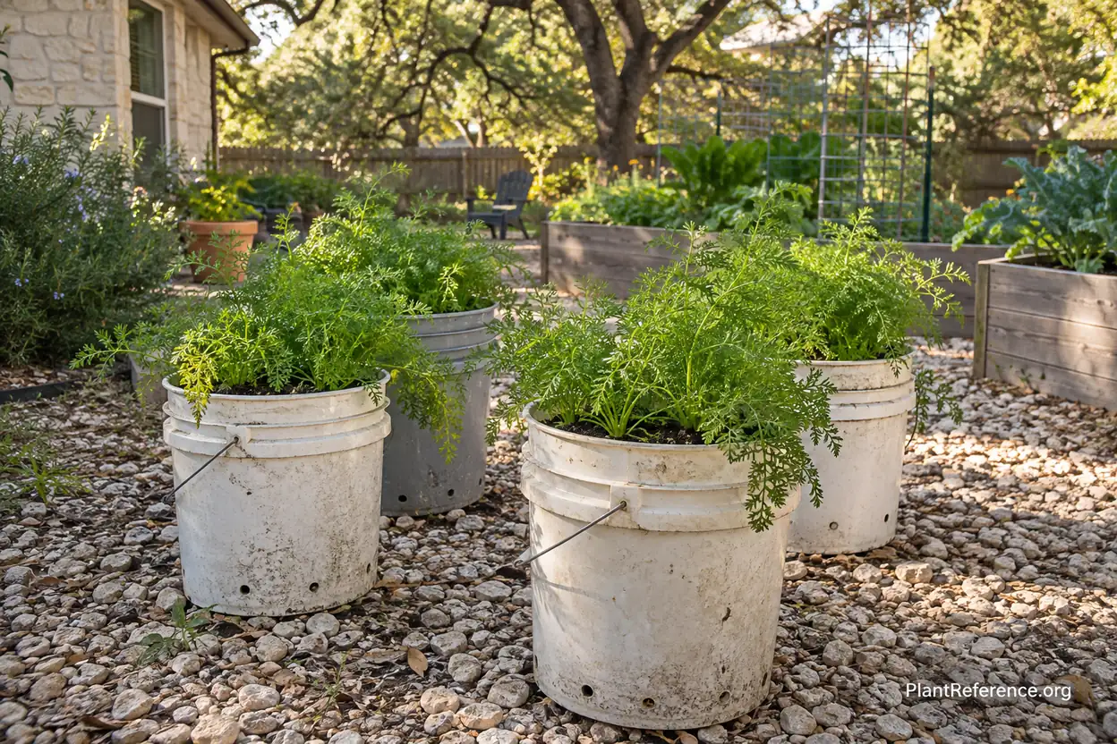 Five-gallon bucket containers growing carrots in an Austin Texas backyard garden