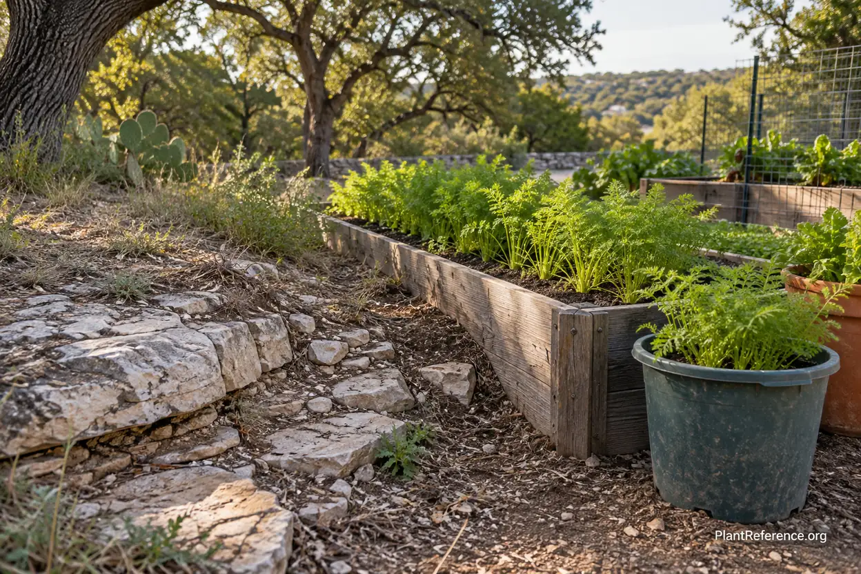 Limestone bedrock visible in Austin garden next to raised beds growing carrots