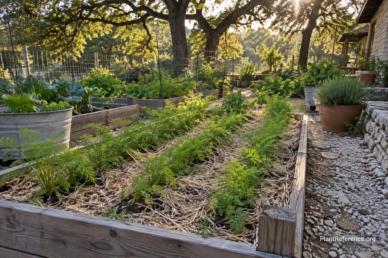 Mulched carrot rows in Austin raised beds and containers during fall growing season