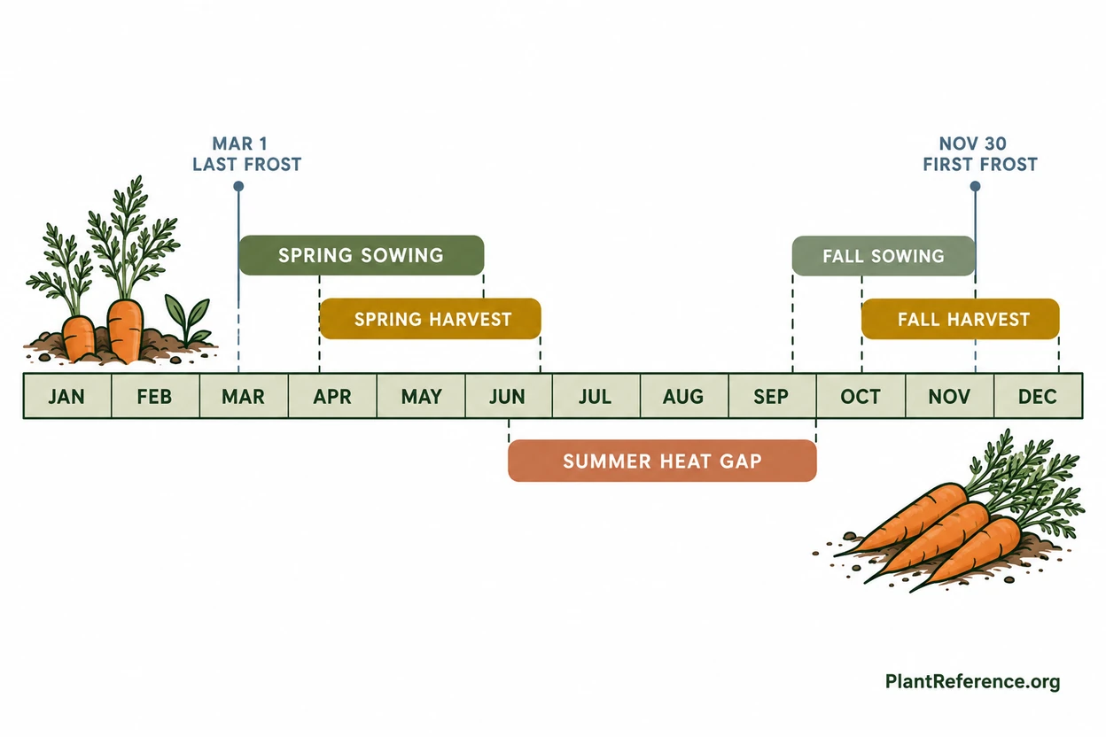 Austin carrot planting calendar showing spring and fall sowing dates for Zone 8b