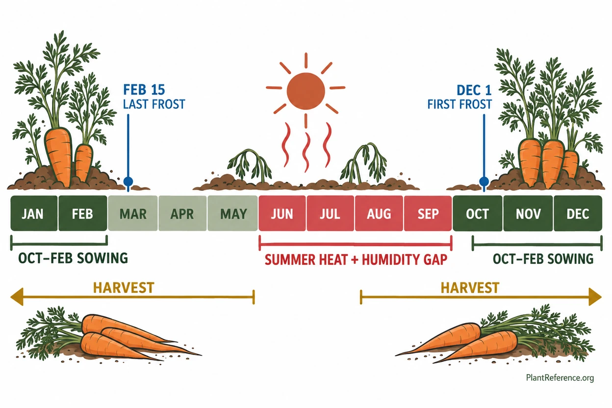 Houston carrot planting calendar showing October through February sowing for Zone 9a