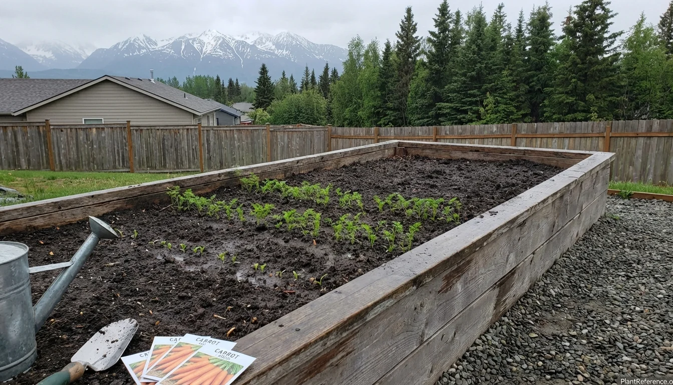 Carrot seedlings growing in Anchorage garden bed with Alaska mountain backdrop showing zone 4b growing conditions