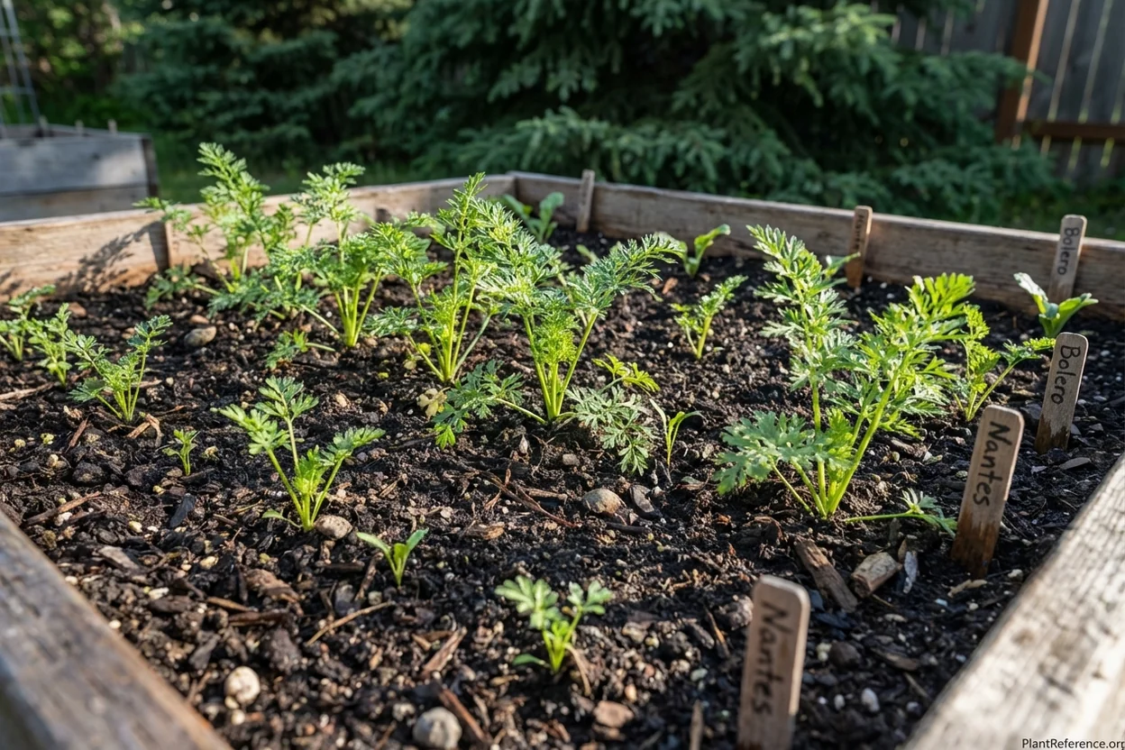 Scarlet Nantes and Napoli carrots growing in Alaska raised bed showing cold tolerance