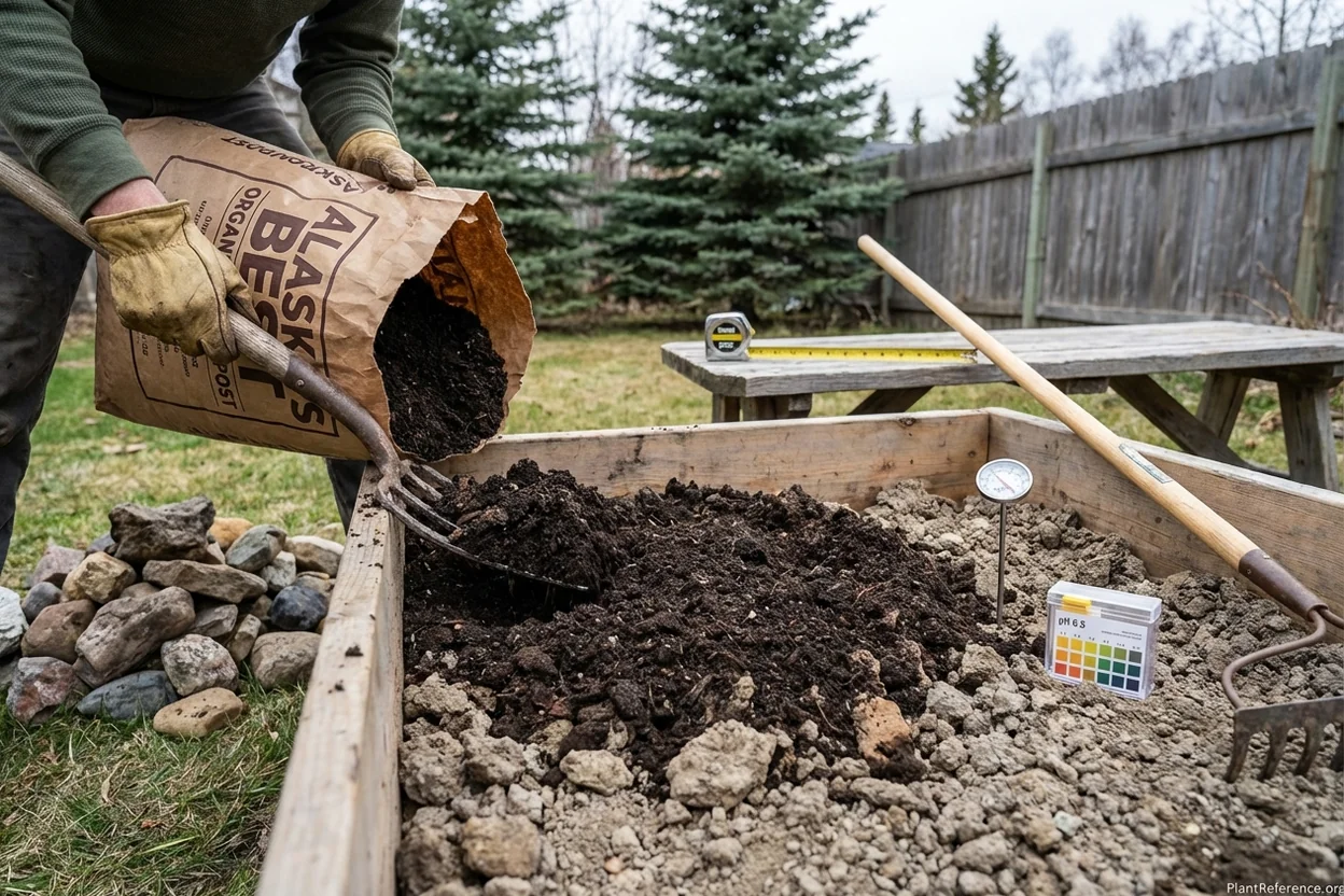 Preparing carrot growing bed in Alaska with compost amendment for zone 4b conditions