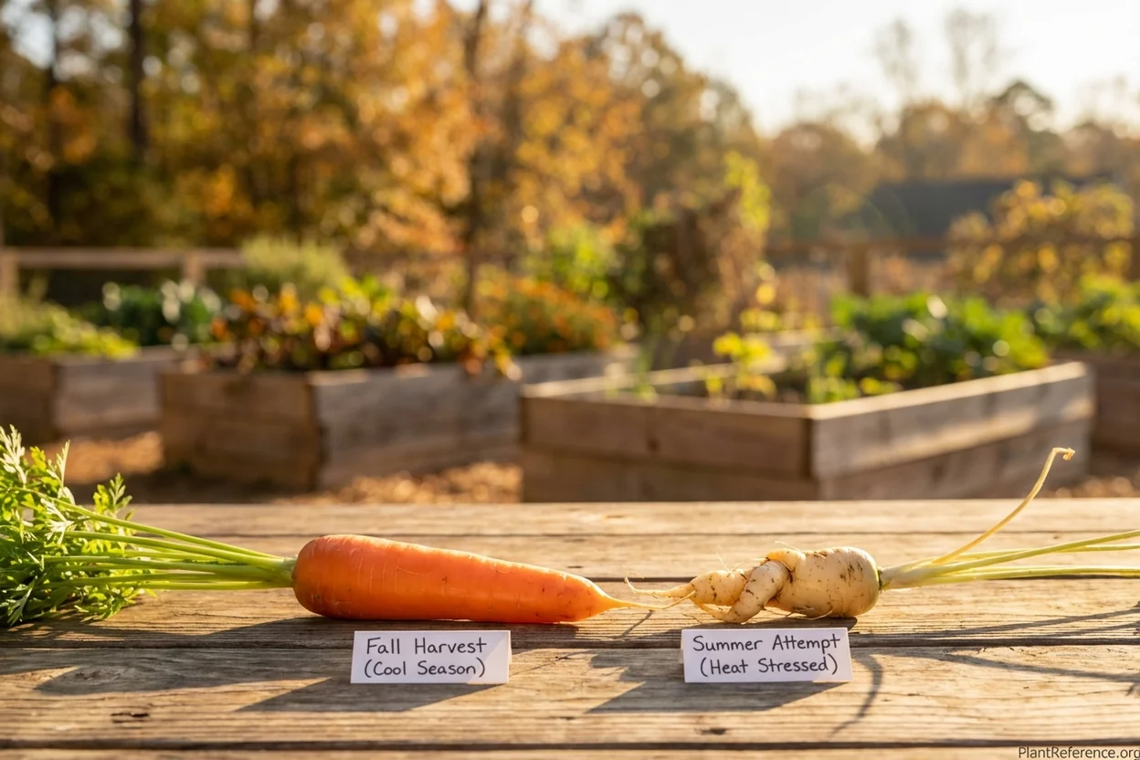 Heat-stressed bitter carrot next to sweet properly timed carrot from Atlanta fall harvest