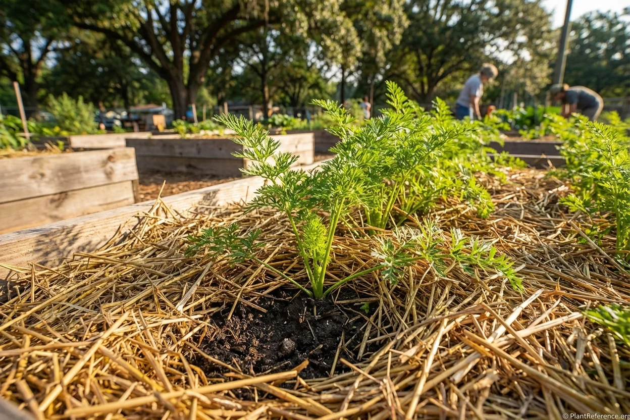 Straw mulch around carrot tops in Atlanta raised bed keeping soil cool during warm weather