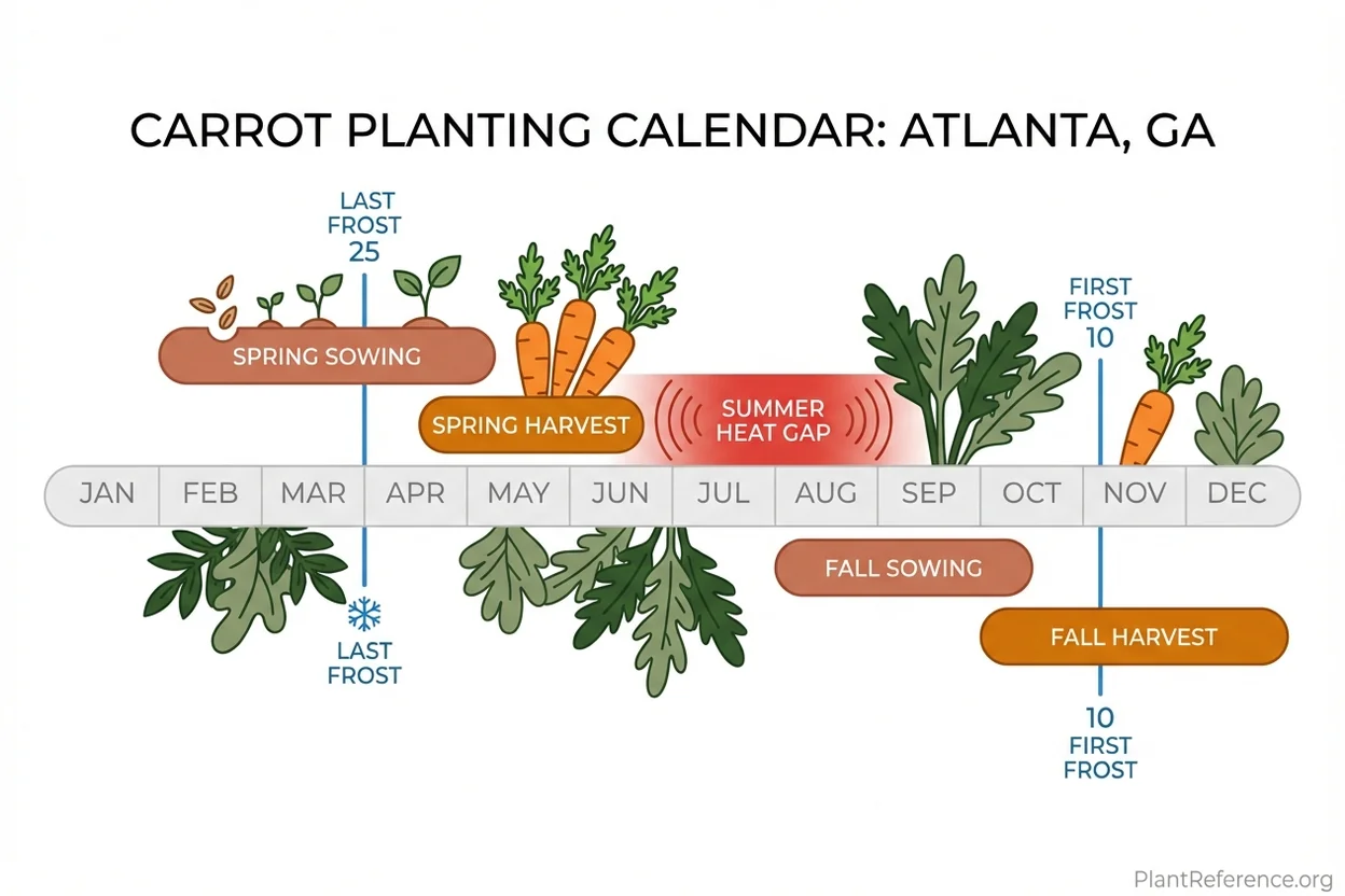 Atlanta carrot planting calendar showing spring and fall sowing dates for Zone 8a