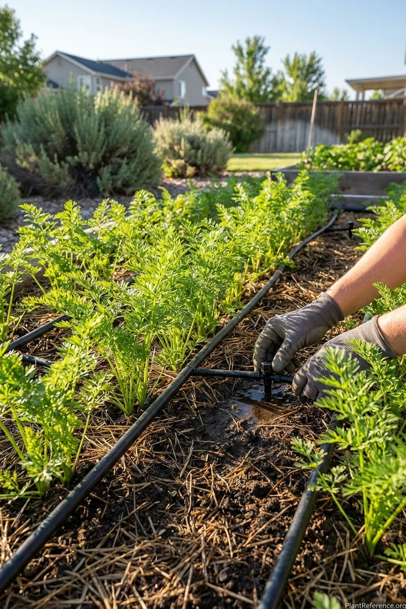 Drip irrigation system watering healthy carrot plants in Boise Zone 6a garden