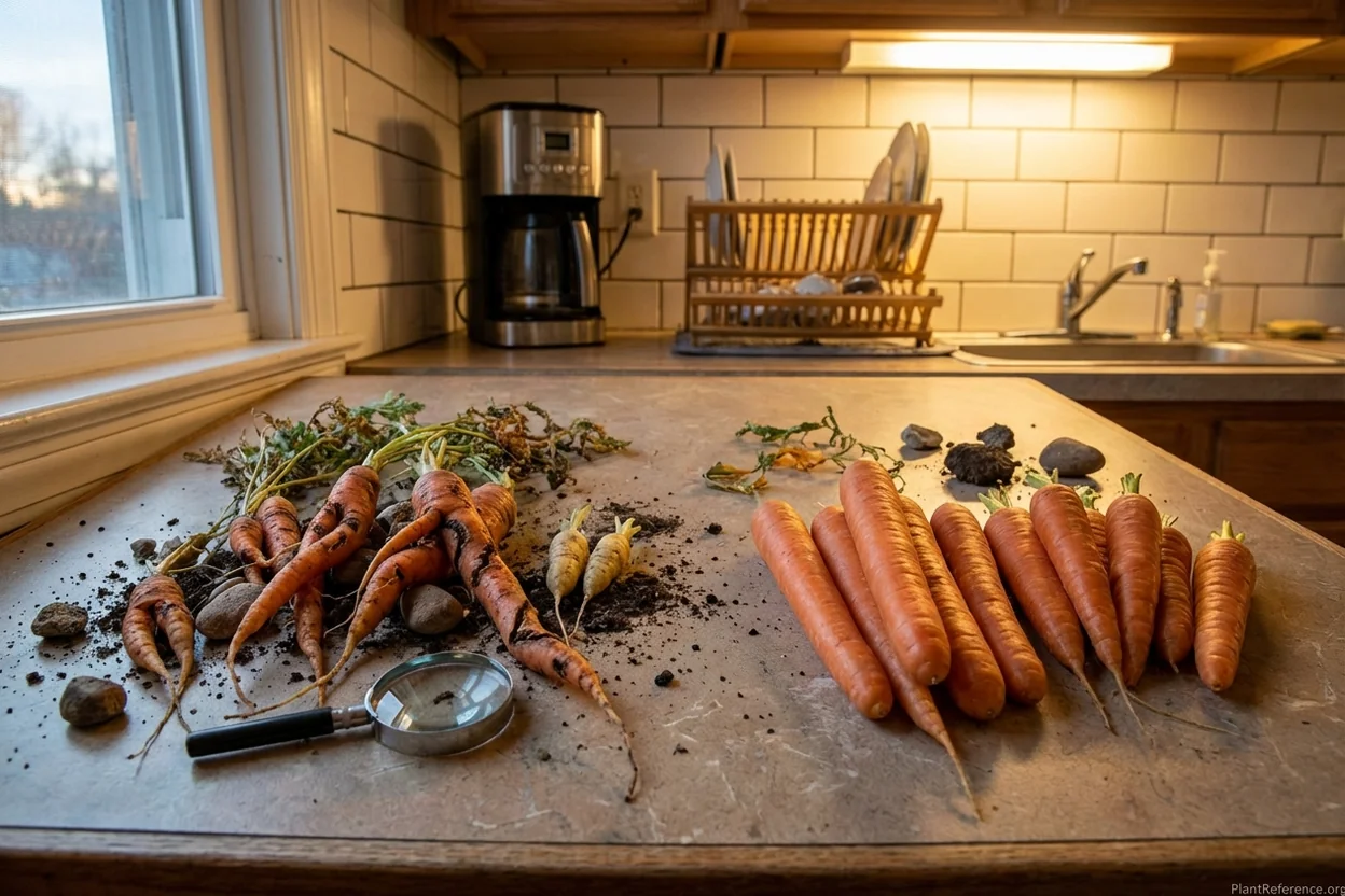Common Boston carrot problems showing forked roots, pest damage, and healthy examples