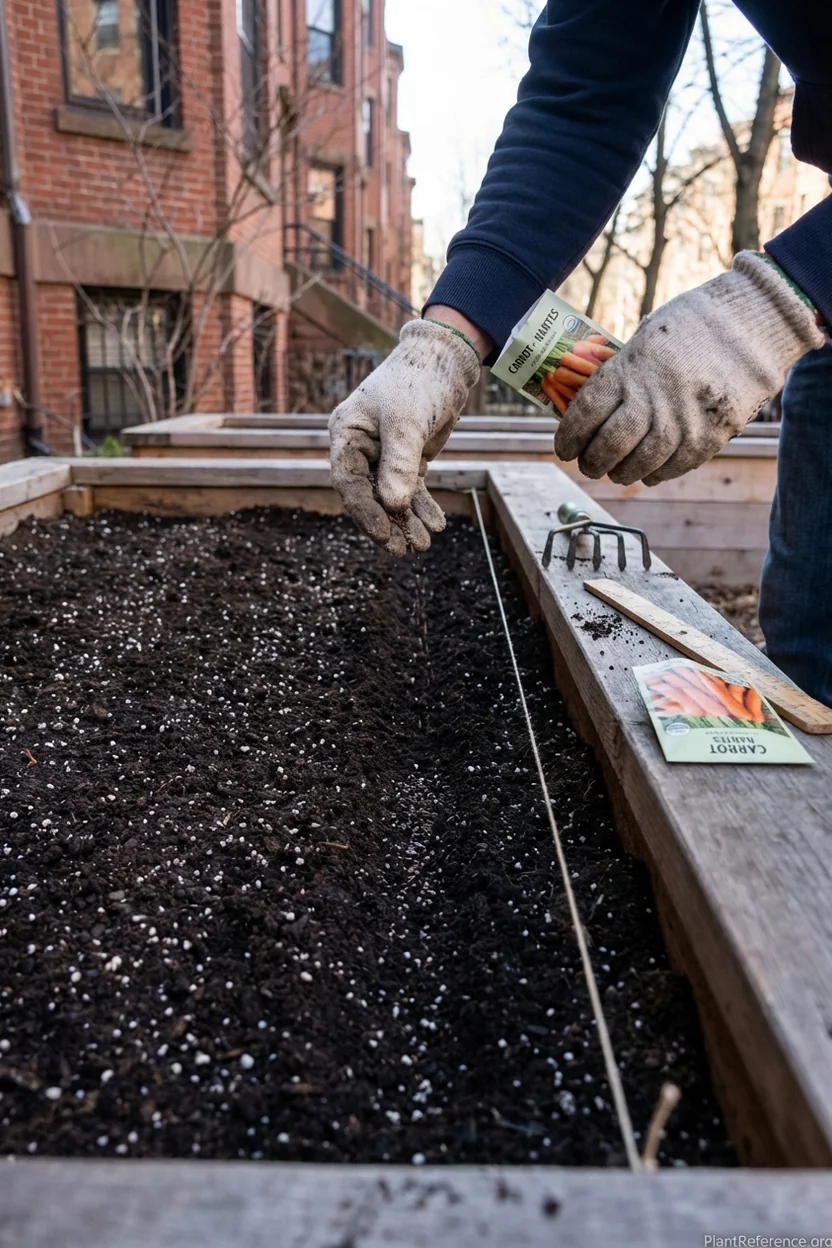 Planting carrot seeds in Boston raised bed following Zone 6b spring planting schedule