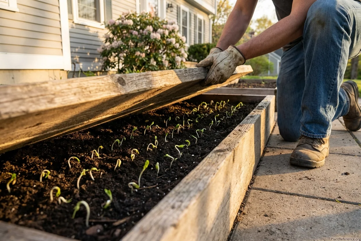 Carrot seedlings emerging in Boston garden using board method for moisture retention