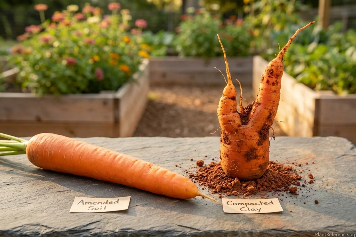 Straight carrot from amended bed next to forked carrot from compacted Charlotte clay
