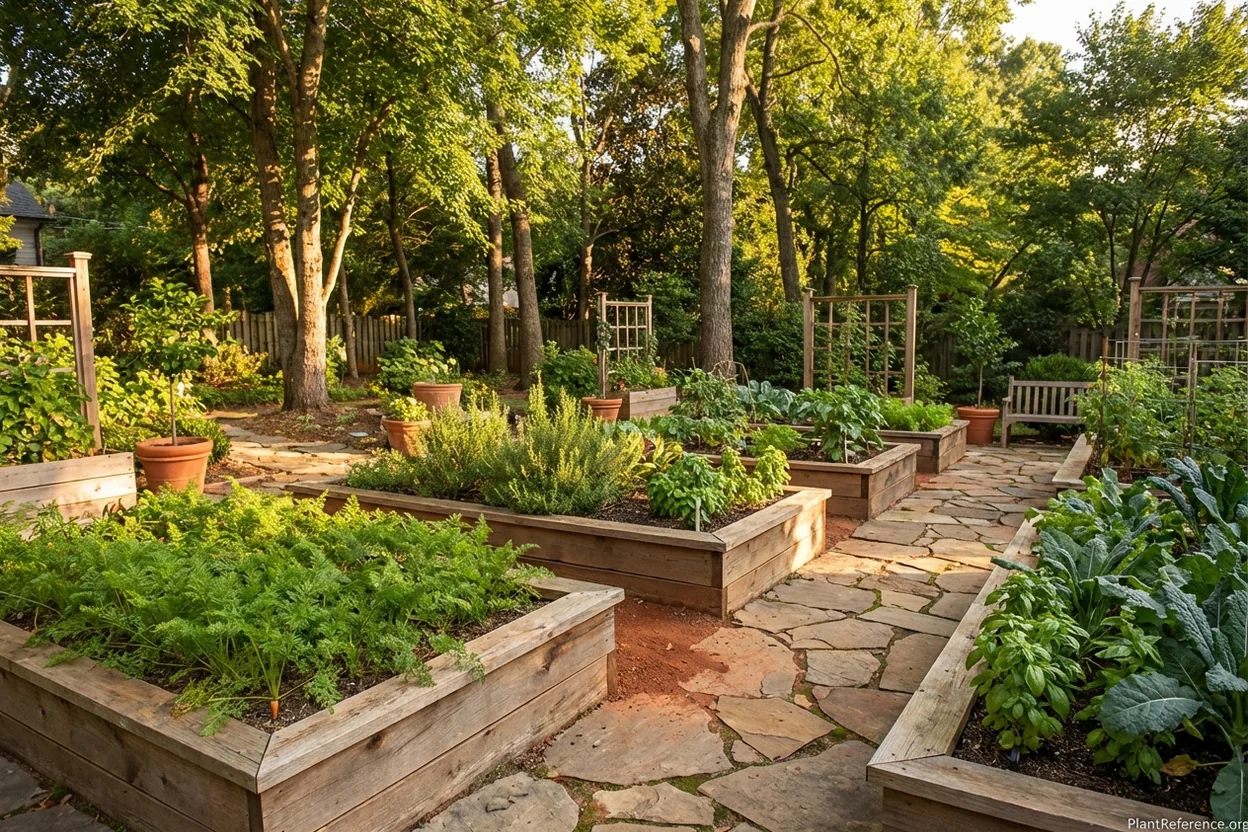 Structured raised beds with carrots in a designed Charlotte Piedmont garden landscape