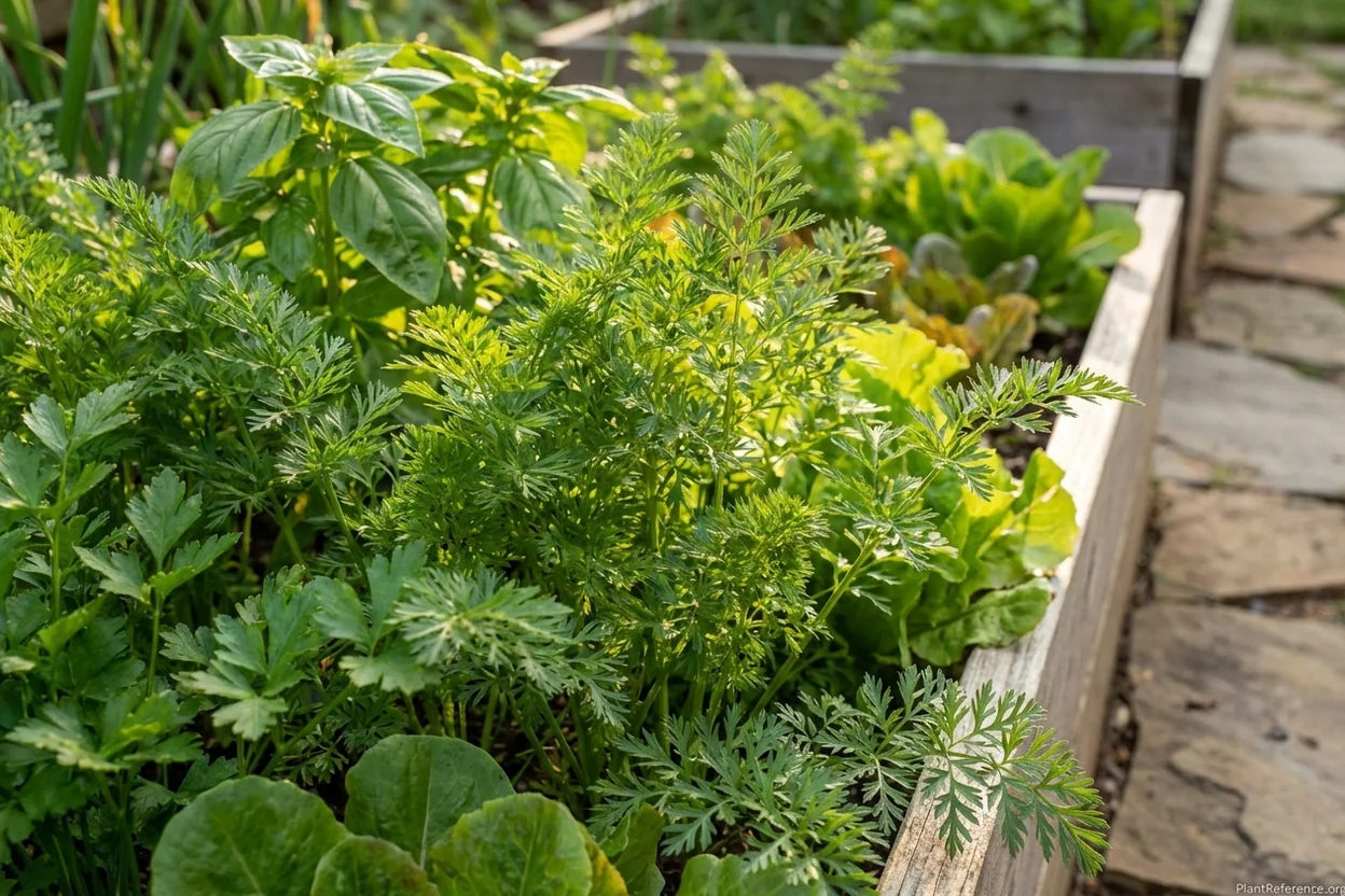 Feathery carrot tops adding fine texture alongside other plants in Charlotte garden bed