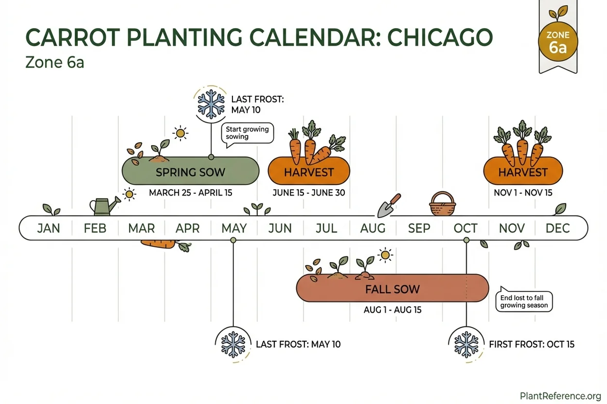 Chicago carrot planting calendar showing spring sowing from late March through mid-April and fall sowing in August