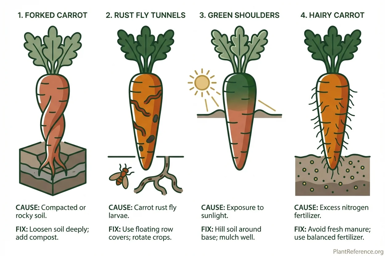 Common carrot growing problems in Chicago including forked roots, rust fly tunnels, and green shoulders