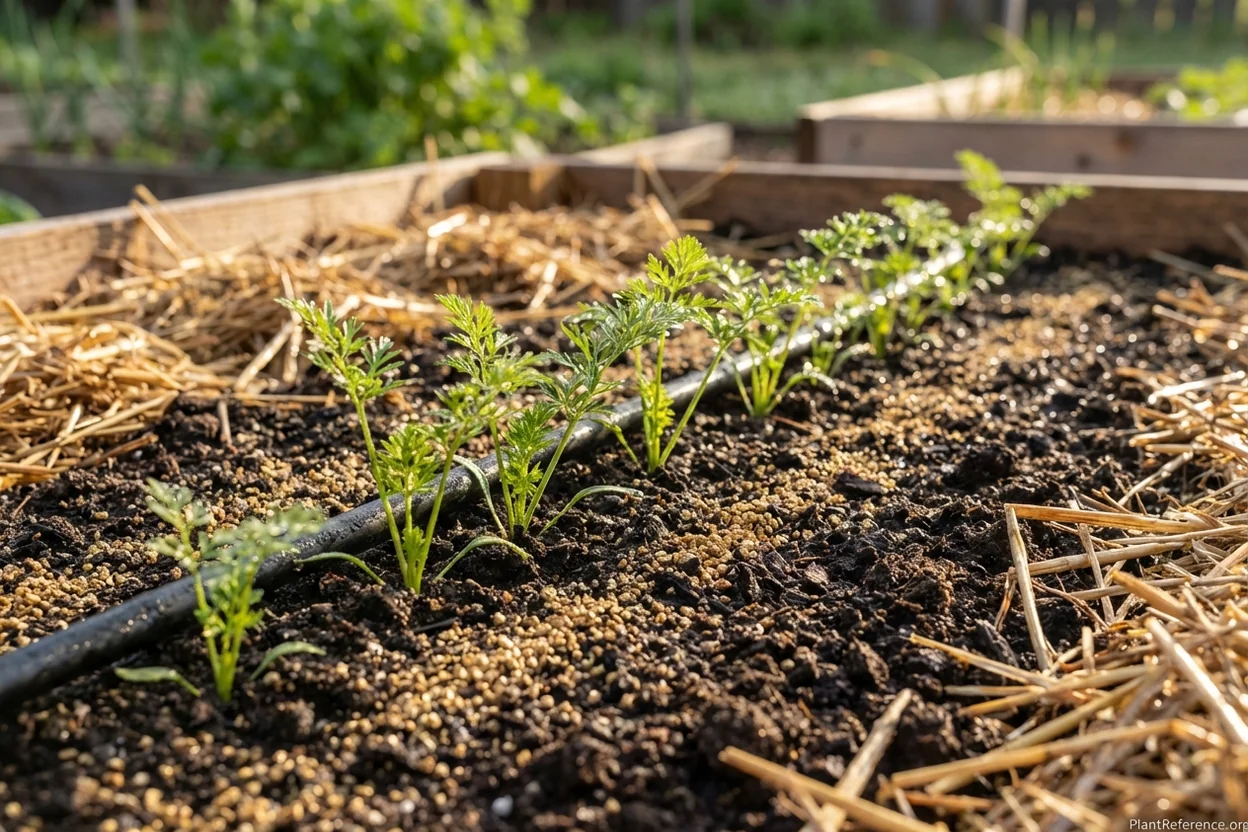 Young carrot seedlings emerging through fine soil in a Chicago garden bed with drip irrigation