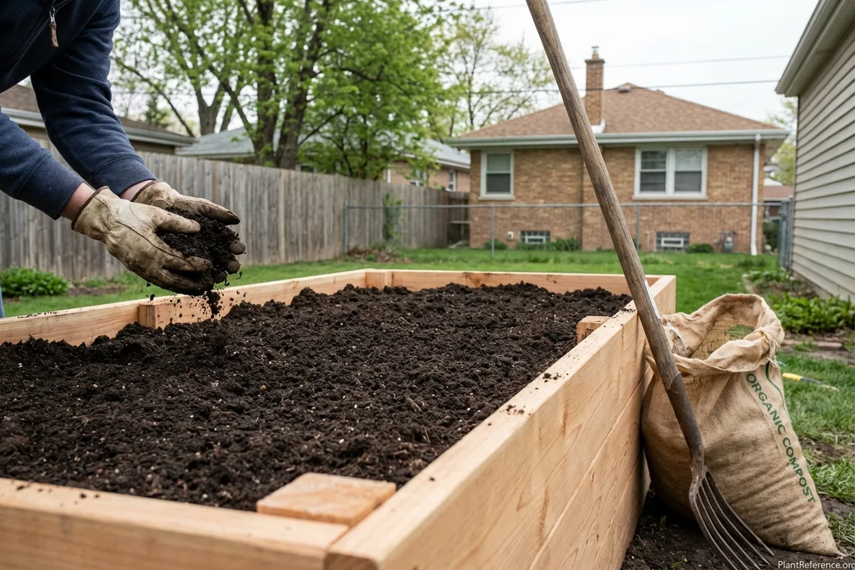 Raised garden bed filled with loose amended soil ready for carrot planting in a Chicago Zone 6a backyard