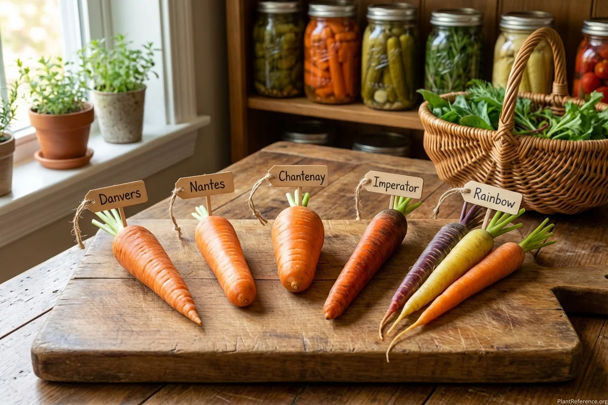 Five carrot varieties compared for Chicago Zone 6a gardens showing Danvers, Nantes, Chantenay, Imperator, and Rainbow types
