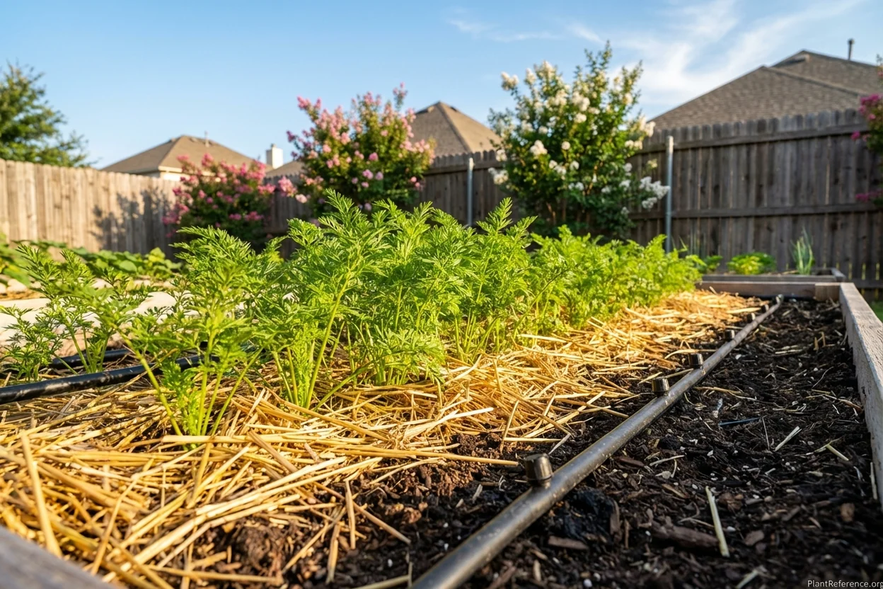 Straw mulch and drip irrigation around carrot rows in Dallas raised bed garden