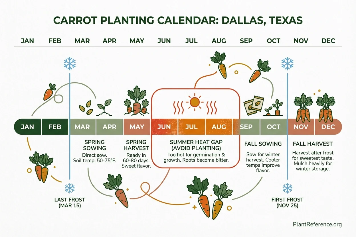 Dallas carrot planting calendar showing spring and fall sowing dates for Zone 8a